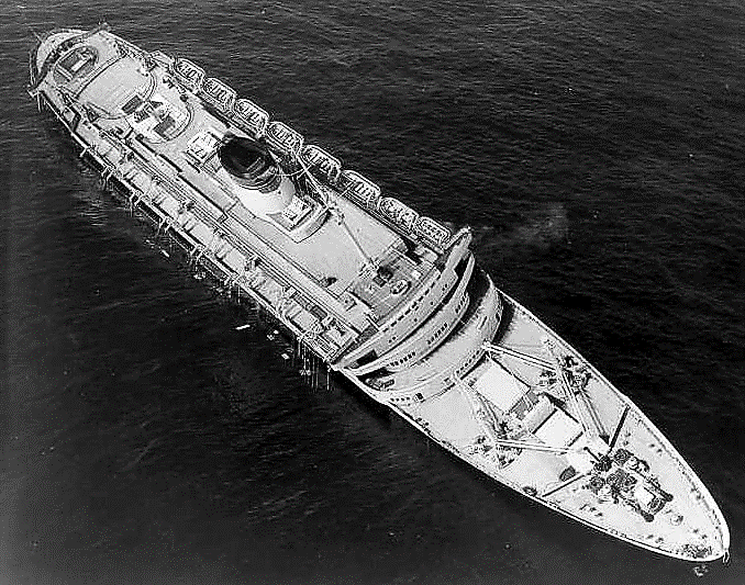 SS Andrea Doria listing to starboard