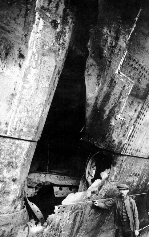 Damage caused to RMS Olympic following the collision with the HMS Hawke
