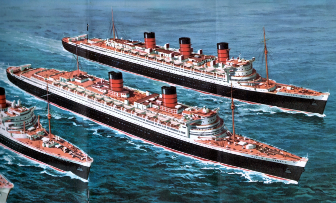 RMS Queen Mary and RMS Queen Elizabeth in promotional painting from a First Class brochure c. 1950