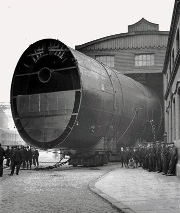 <em>RMS Britannic Funnel (1911) before being transported to Harland and Wolff</em>
