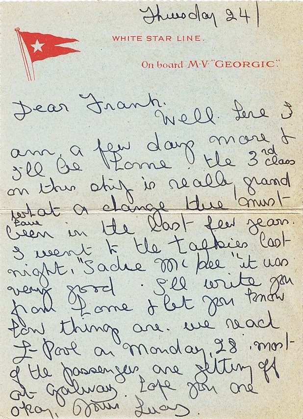 A Letter written on ship’s notepaper and posted whilst passenger was on board MV Georgic